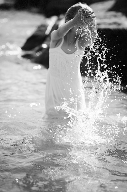 white dress girl splash wingaersheek beach Massachusetts_kids_photography Film_photographer_NH film_photography_new_england black_and_white_photography_Massachusetts_